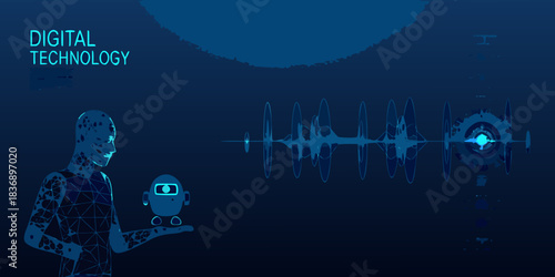 Humanoid robot holding small robot with digital waveform on dark blue background