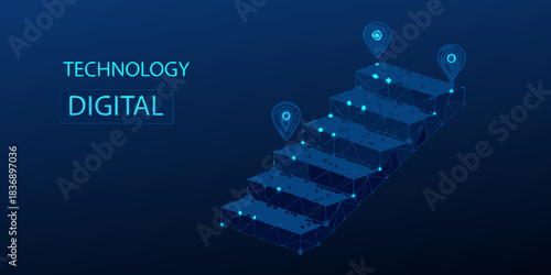 Digital technology steps with location pins on dark blue background