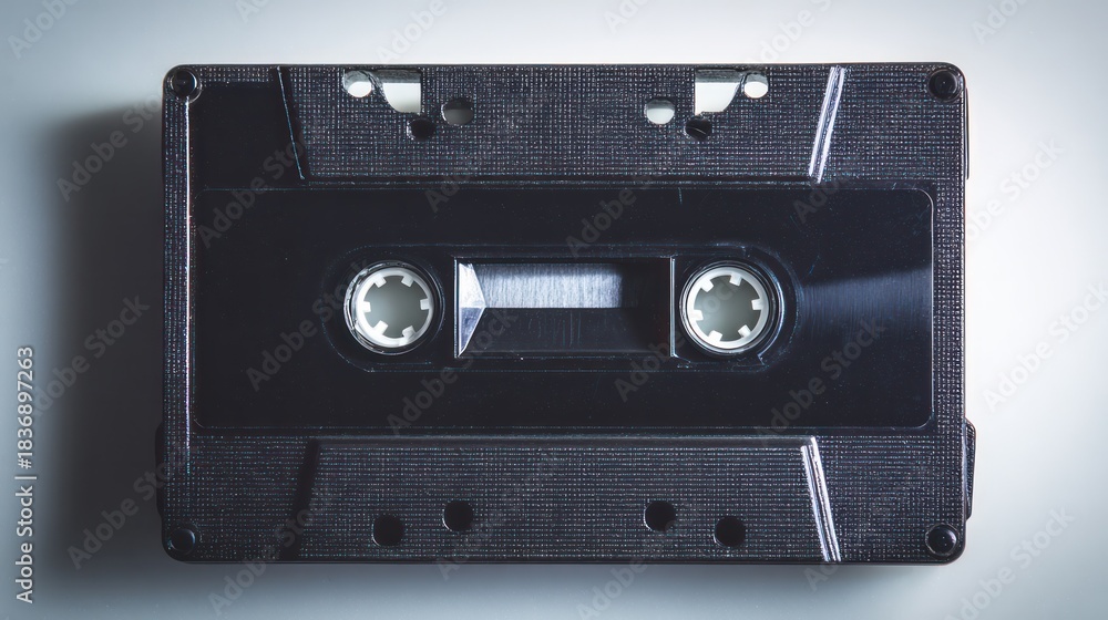 Fototapeta premium Vintage cassette tape in macro close-up, highlighting intricate details on a neutral background. product launch decks, UI/UX mockups, designed for product launches and innovation pitches.
