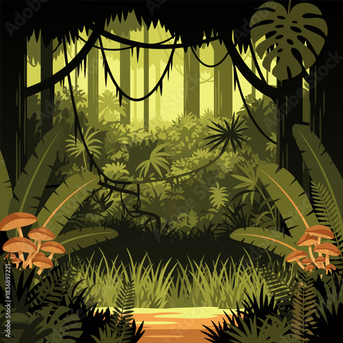 Enchanting Jungle Landscape with Hanging Vines and Vibrant Tropical Foliage, Illuminated by Golden Sunlight