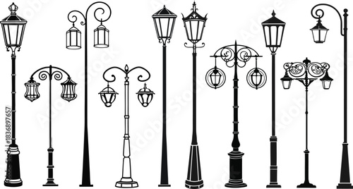 Street light collection silhouettes, Vintage Street Lamp Post Vector, sidewalk lantern, urban lighting layout
