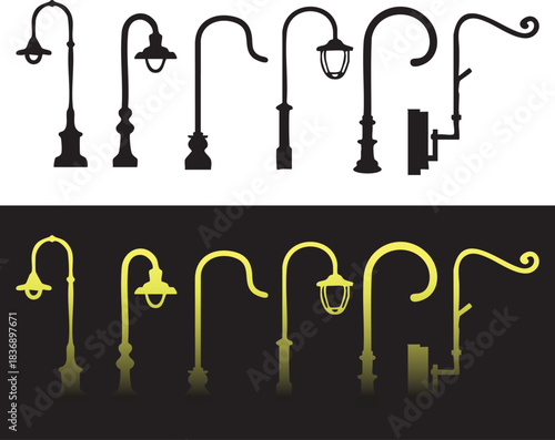 Street gold light collection silhouettes Vintage Street Lamp Post Vector, sidewalk lantern, urban lighting layout