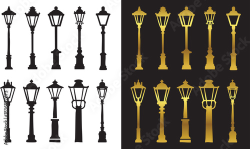 Street gold light collection silhouettes Vintage Street Lamp Post Vector, sidewalk lantern, urban lighting layout