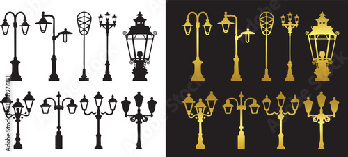 Street gold light collection silhouettes Vintage Street Lamp Post Vector, sidewalk lantern, urban lighting layout