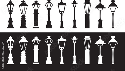 Street light collection silhouettes, Vintage Street Lamp Post Vector, sidewalk lantern, urban lighting layout
