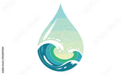 Stylized water drop illustration featuring crashing ocean waves and a serene horizon with subtle sun rays