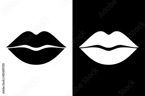 Plump Lips Silhouette Icon. Glossy Kiss Vector with Defined Cupid’s Bow in Black and White