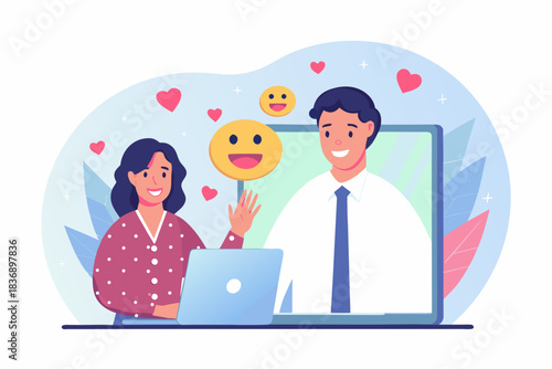 Online dating and virtual relationship concept with happy couple on video call