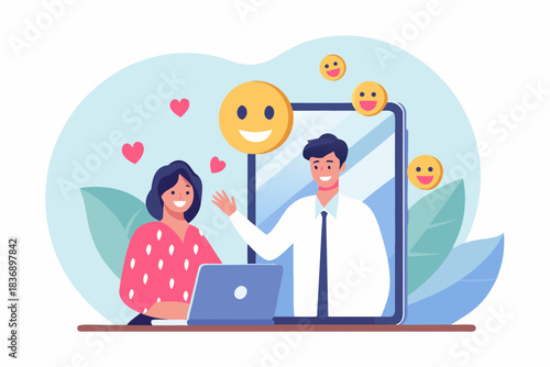 Online dating couple having a video call with emoticons and hearts