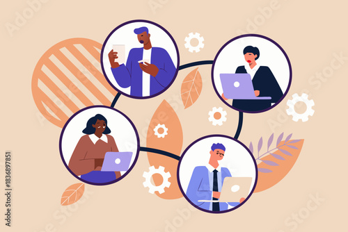 Diverse team working remotely connected via technology and network