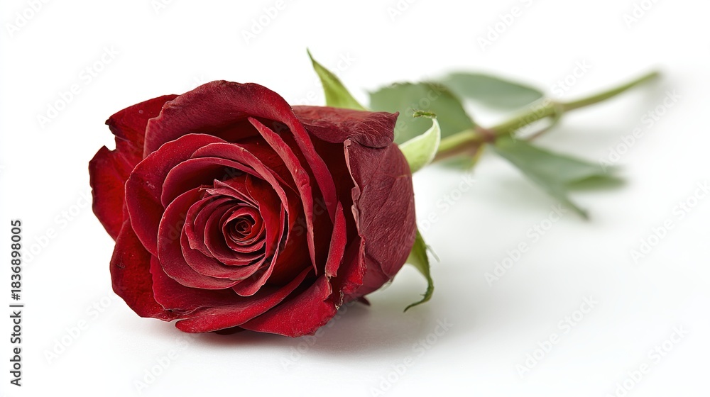 Naklejka premium Vibrant red rose bloom, a classic symbol of love, on white.