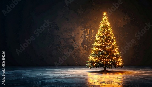 Christmas tree with yellow lights in dark room on reflective floor.