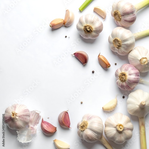 Close-up studio shot featuring several garlic bulbs and cloves scattered on a clean, white background, arranged for visual appeal