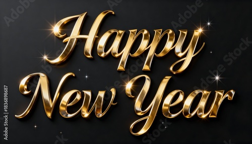 Happy New Year golden 3D text on dark background with sparkling effect