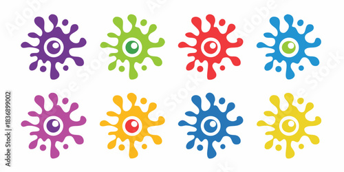Collection of eight colorful cartoon monster or blob shapes with one eye each