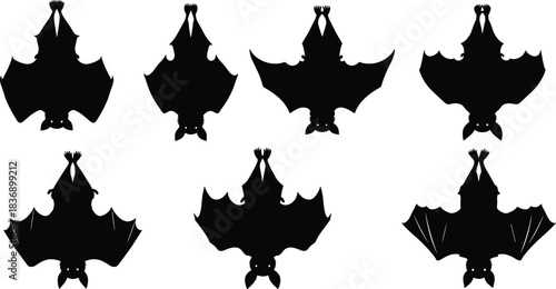Set of hanging bat silhouettes, sleeping upside down, black vector illustrations for halloween decoration, isolated animal icons on white background