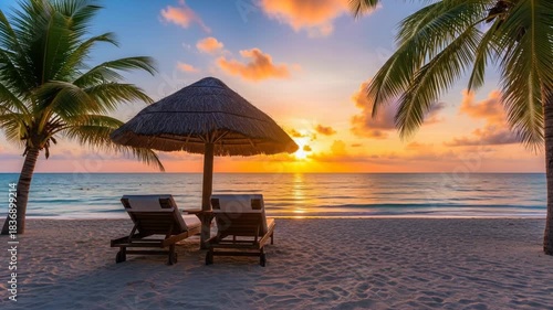 Relaxing tropical beach sunset scene with ocean waves palm trees and empty lounge chairs.
