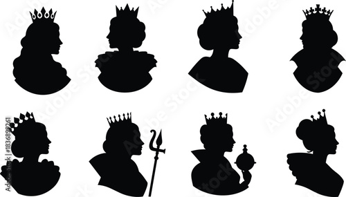Set of queen and princess silhouettes, vector illustrations of royal female profiles wearing crowns, black portraits on white background, isolated
