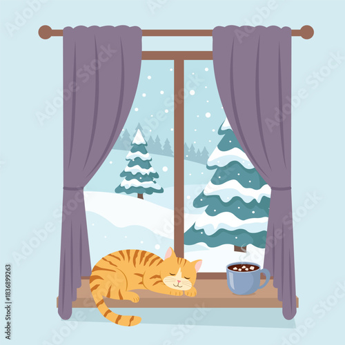 Winter window - cute cat and cup of hot chocolate on the sill with winter landscape. Cute cozy vector illustration in flat style