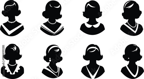 Set of retro woman silhouettes, 1950s style avatars, black vector icons with vintage hair and pearl necklaces, classic portraits