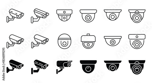 collection of security camera vector icons in different styles and designs, featuring surveillance,  dome, bullet, and monitoring symbols, ideal for digital security, technology interfaces,