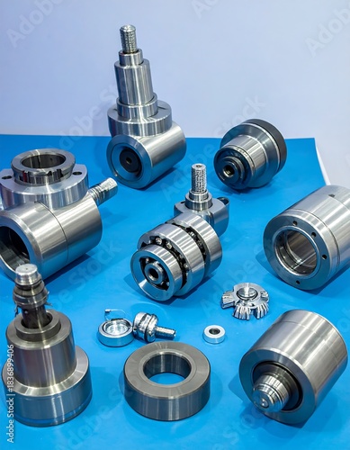 Close-up studio shot featuring several machine components with a variety of shapes and sizes. They are silver-colored, placed on blue
