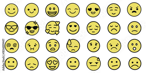 Minimal line emoji icon set featuring clean, consistent expressions for universal emotions and reactions. Perfect for apps, UI/UX design, chat interfaces, stickers, social media graphics, and web.