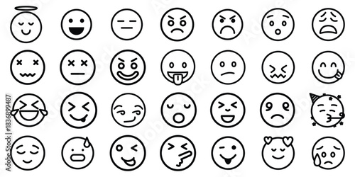Minimal line emoji icon set featuring clean, consistent expressions for universal emotions and reactions. Perfect for apps, UI/UX design, chat interfaces, stickers, social media graphics, and web.