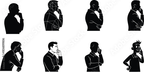 Stylized thinking pose illustration set, black silhouette and polygonal designs, contemplation gesture, vector art, decision-making icon graphic
