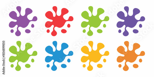 Collection of colorful paint splatters in purple red green blue yellow and orange on white background