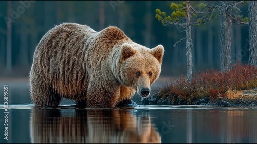 A majestic brown bear wades through a tranquil lake, its fur glistening in the soft morning light.