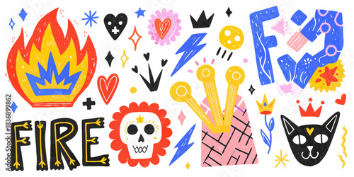 Whimsical hand drawn doodle elements featuring fire crown skull cat and lightning bolts