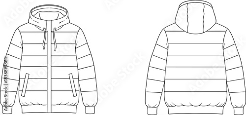 Technical sketch of hooded puffer jacket, front and back view, quilted design, fashion illustration, garment construction, outerwear template