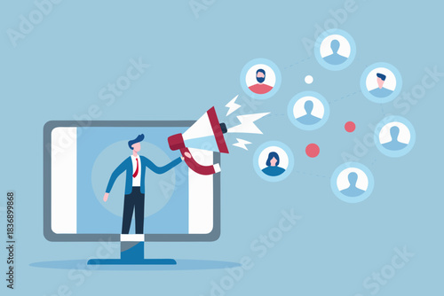 Man with megaphone from computer screen reaching out to network of people icons