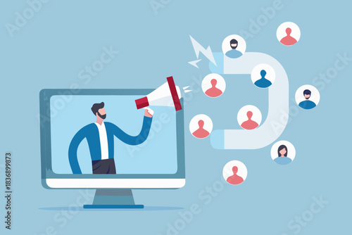 Digital marketing concept of attracting customers with a megaphone and a magnet attracting people icons