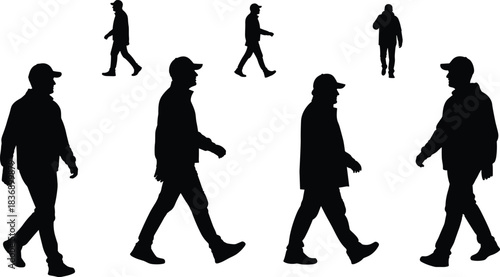 Stylized walking silhouette set, dynamic human motion, black figure poses, vector art, casual stride, locomotion illustration