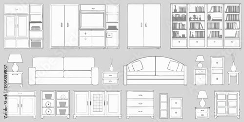 Collection of hand drawn line art furniture icons for interior design and home decor concepts
