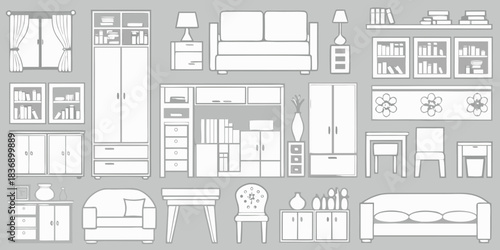 Collection of hand drawn white furniture and home decor items on a gray background