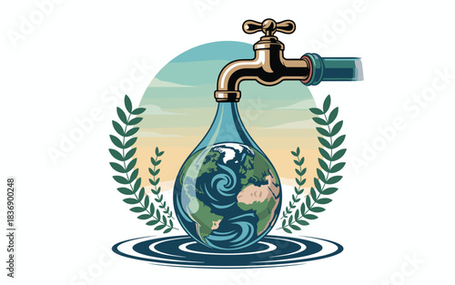 Symbolic illustration of earth as a precious water droplet emerging from a faucet representing global water conservation efforts and the planet s vital resource