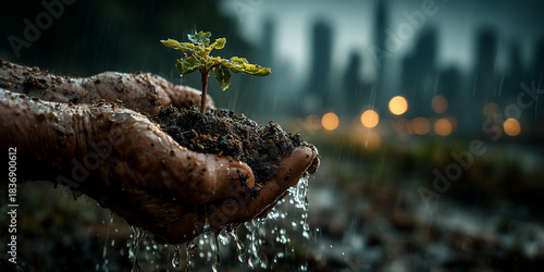 Citizen Nurturing a Young Plant Amidst City Skyscrapers in Rainy Environment