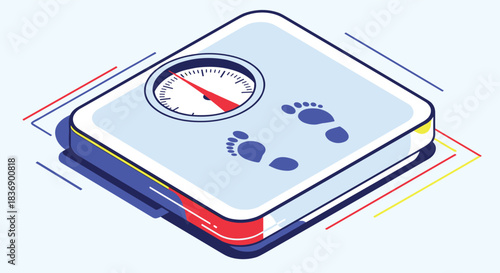 A stylized isometric illustration of a modern bathroom scale featuring a dial with a red indicator and foot outlines, representing personal health monitoring and weight control.