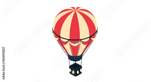 A classic red and cream striped hot air balloon with a dark basket, depicted in an isometric style on a clean white background.