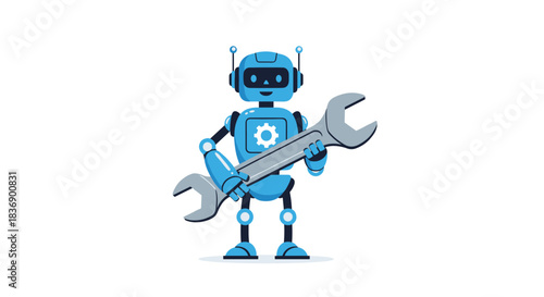 Blue robot holding a large adjustable wrench, symbolizing artificial intelligence, technical support, and maintenance services.