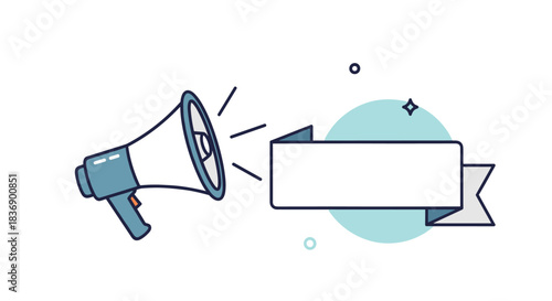 A megaphone making an announcement into a blank ribbon banner, ideal for a call to action, special offer, or important message.