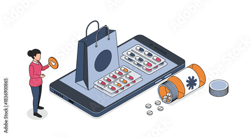 Woman purchasing medication online via smartphone, symbolizing digital pharmacy, e-commerce, and convenient drug delivery services.