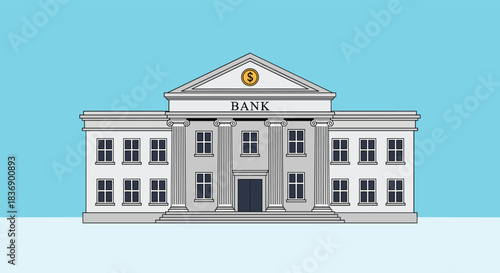 A classic bank building with grand columns, a pediment, and a dollar sign symbol, set against a simple blue sky, illustrating finance and commerce.