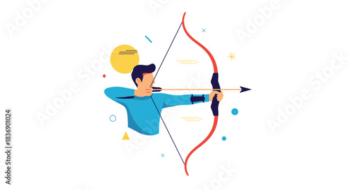 A focused archer in a blue shirt holds a red bow and arrow, embodying skill, precision, and the sport of archery with modern geometric elements.