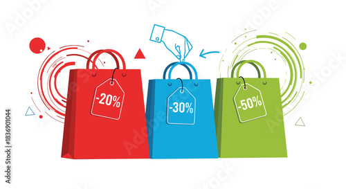 Hand choosing a blue shopping bag with a 30% discount, flanked by red and green bags offering 20% and 50% off, symbolizing sales.