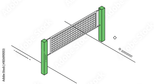 An isometric vector illustration depicts a volleyball net with green posts on a court with a line and a small diamond and circle.