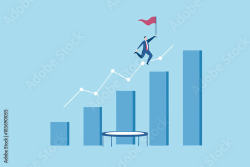 Businessman jumping on trampoline to reach the top of financial chart